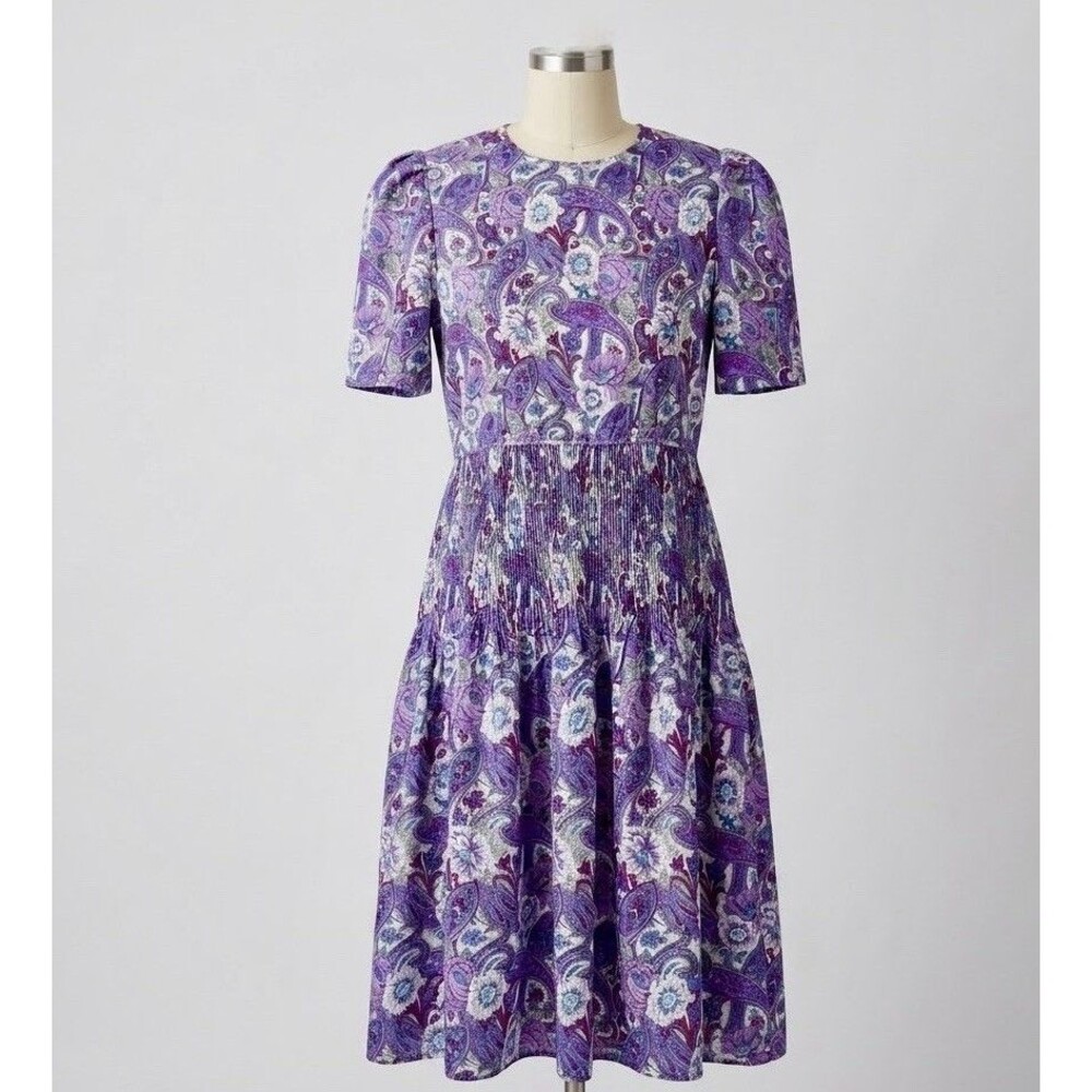 Vintage Purple Paisley Maximalist Floral Dress 14WP Petite Gathered Waist Midi